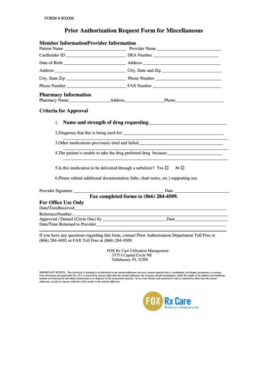 Form Rx006 - Prior Authorization Request - Miscellaneous Printable pdf