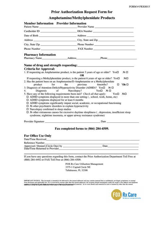 Form Frx0015 - Prior Authorization Request - Amphetamine/methylphenidate Products Printable pdf