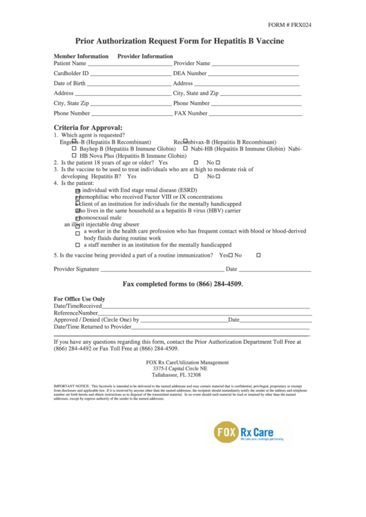 Form Frx024 - Prior Authorization Request - Hepatitis B Vaccine Printable pdf