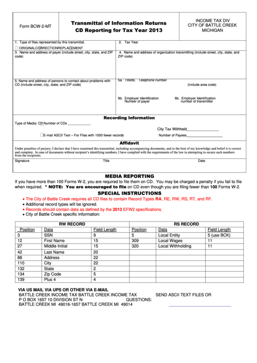 Form Bcw-2-Mt - Transmittal Of Information Returns Cd Reporting For Tax Year 2013 Printable pdf