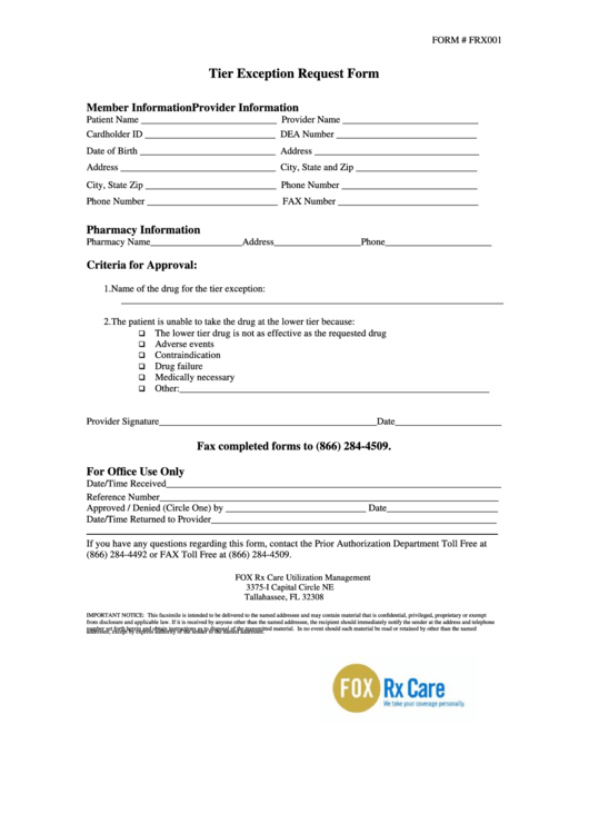 Form Frx001 - Tier Exception Request Form Printable pdf