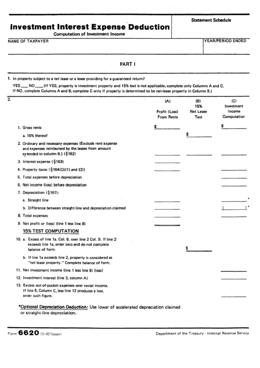 Form 6620 - Investment Interest Expense Deduction - Computation Of Investment Income Printable pdf