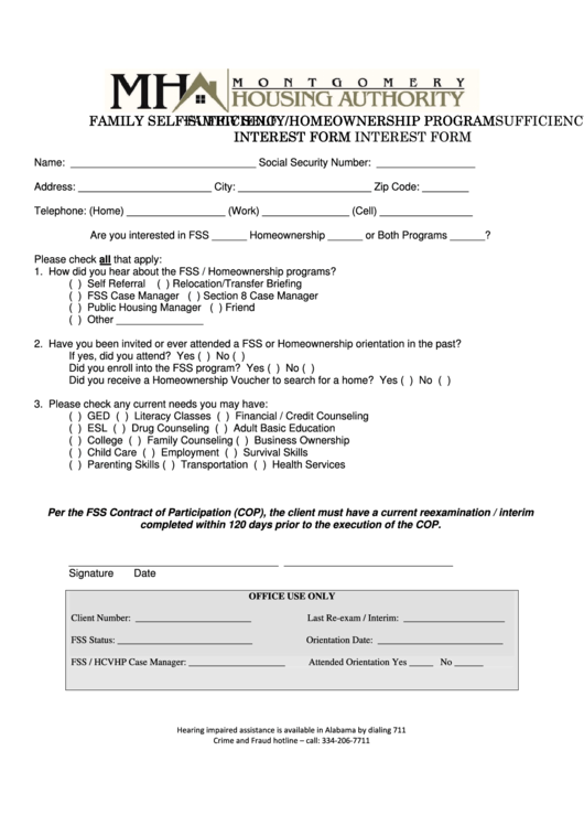 Family Self-Sufficiency/homeownership Program Interest Form Printable pdf