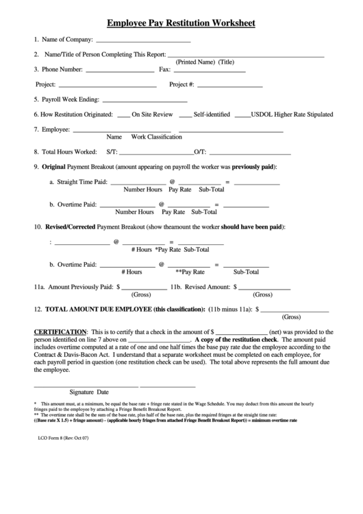 Fillable Lco Form 8 - Employee Pay Restitution Worksheet Printable pdf