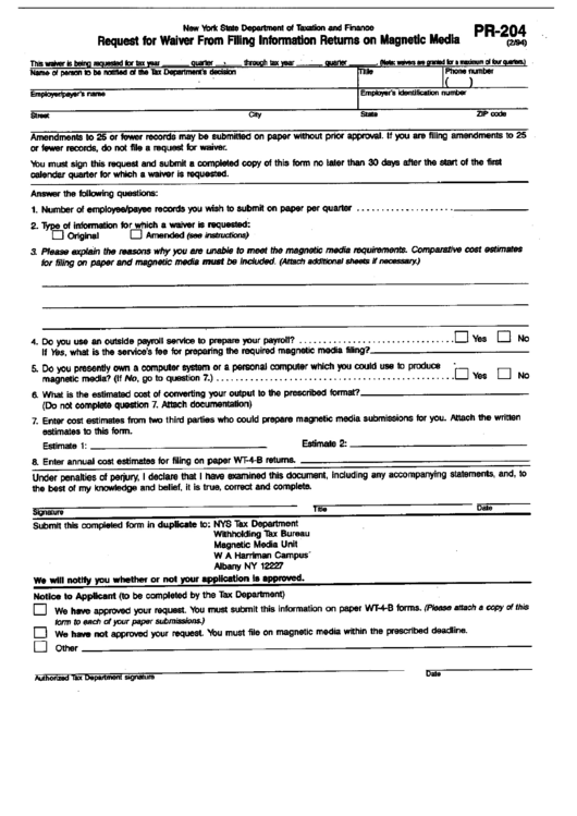 Form Pr-204 - Request For Waiver From Filing Information Returns On Magnetic Media Printable pdf