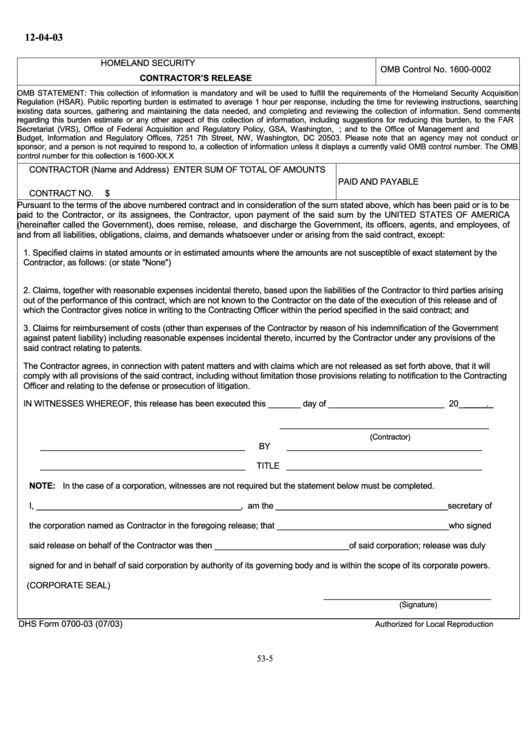 Fillable Form 700-03 - Contractor