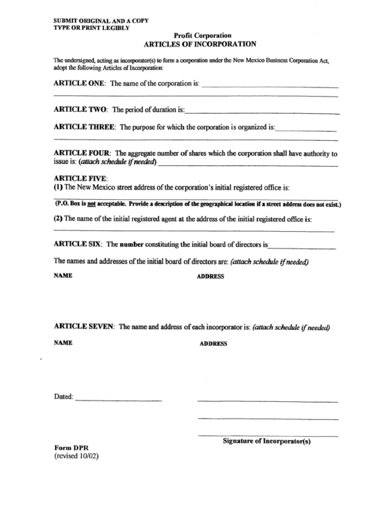 Form Dpr - Articles Of Incorporation - Profit Corporation - Statement Of Acceptance Of Appointment By Designated Initial Registered Agent Printable pdf