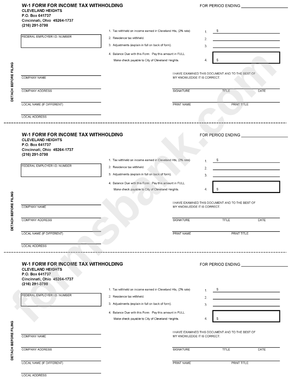 Form W-1 - Form For Income Tax Withholding - Cleveland printable pdf ...