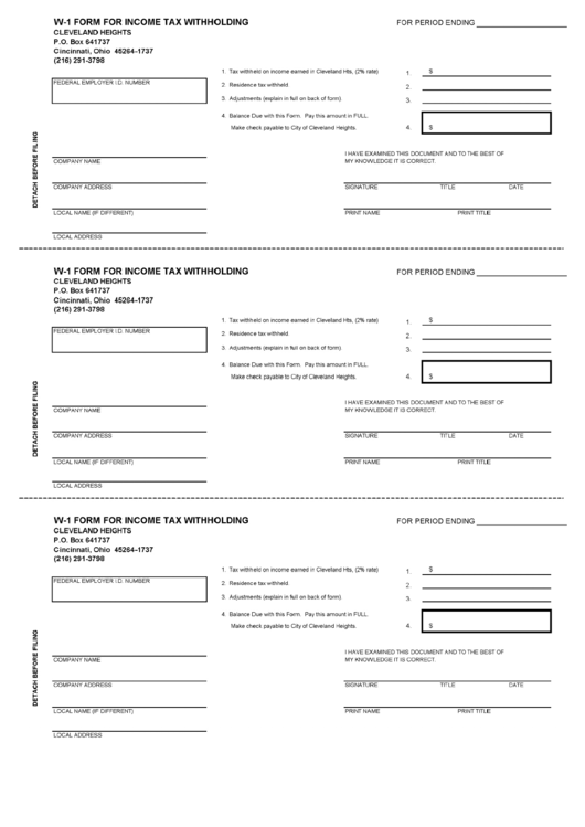 Form W-1 - Form For Income Tax Withholding - Cleveland Printable pdf