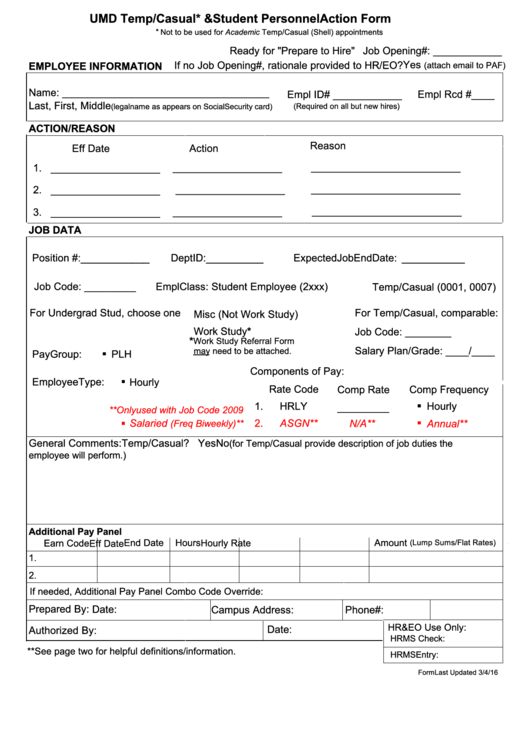 Fillable Umd Temp/casual & Student Personnel Action Form Printable pdf
