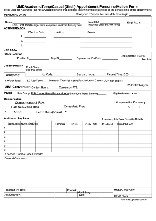 Fillable Umd Academic Temp/casual (Shell) Appointment Personnel Action Form Printable pdf