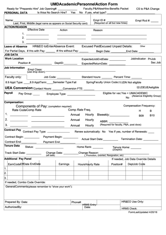 Fillable Umd Academic Personnel Action Form Printable pdf