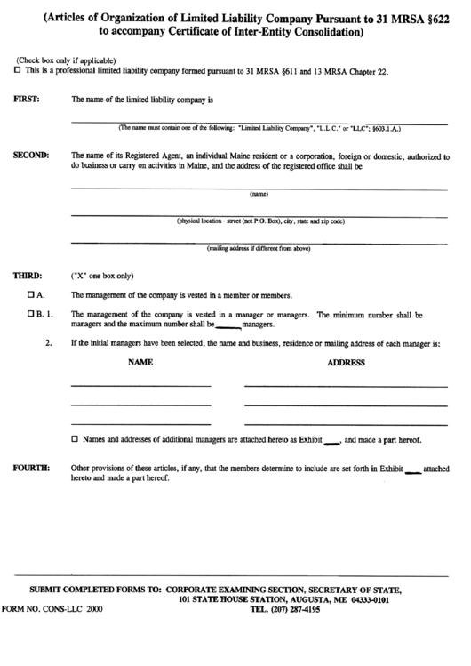 Form Cons-Llc - Articles Of Organization Of Limited Liability Company Pursuant To 31 Mrsa 622 To Accompany Certificate Of Inter-Entity Consolidation - 2000 Printable pdf