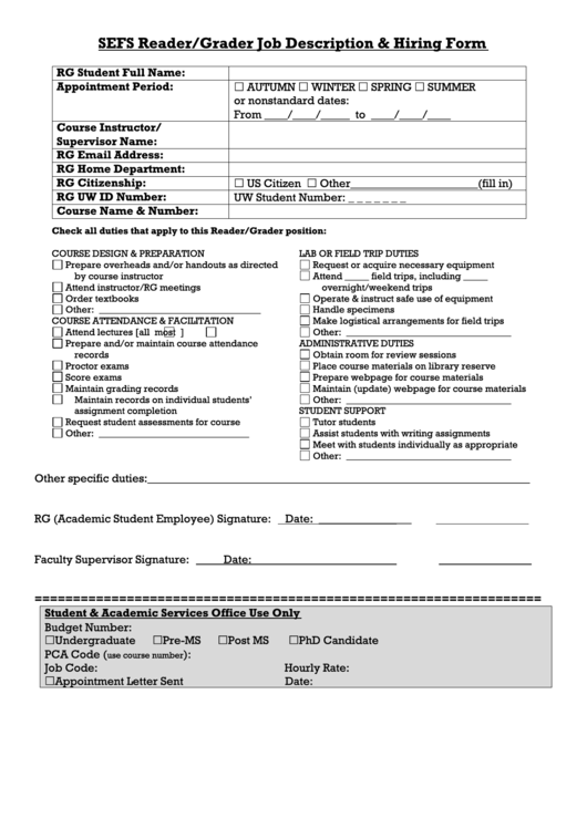 Sefs Reader/grader Job Description & Hiring Form Printable pdf