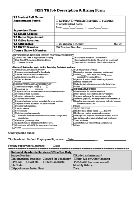 Sefs Ta Job Description & Hiring Form Printable pdf