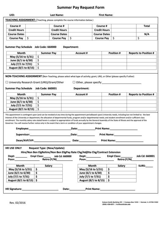Fillable Summer Pay Request Form Printable pdf