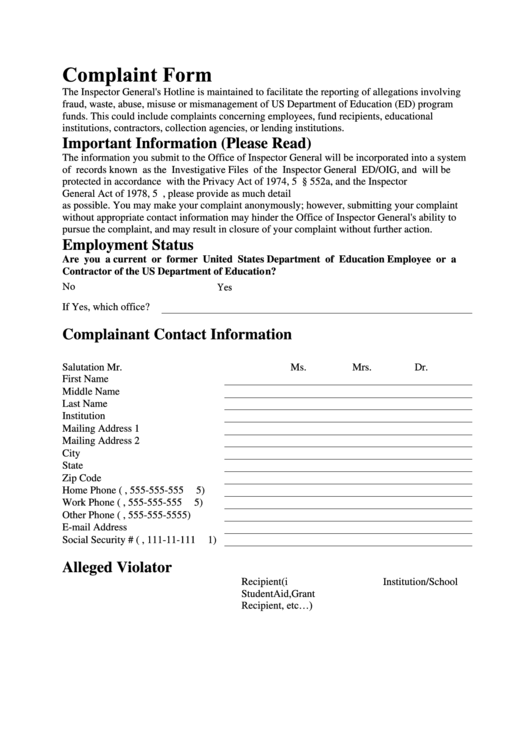 Fillable Complaint Form - U.s. Department Of Education Printable pdf