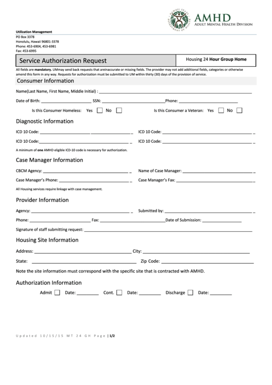 Service Authorization Request Form - Housing 24 Hour Group Home - Hawaii Adult Mental Health Division