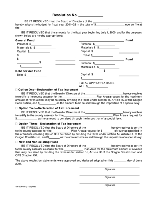 Fillable Resolution Form - Oregon - 2000 Printable pdf