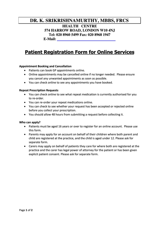 Patient Registration Form For Online Services Printable pdf