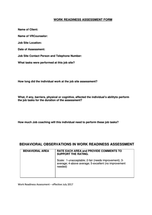 Fillable Work Readiness Assessment Form - 2017 Printable pdf