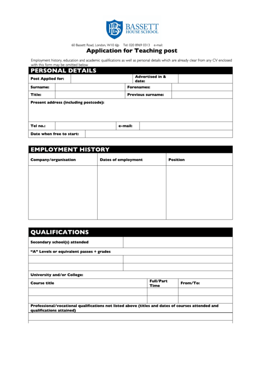 Fillable Application For Teaching Post Printable pdf