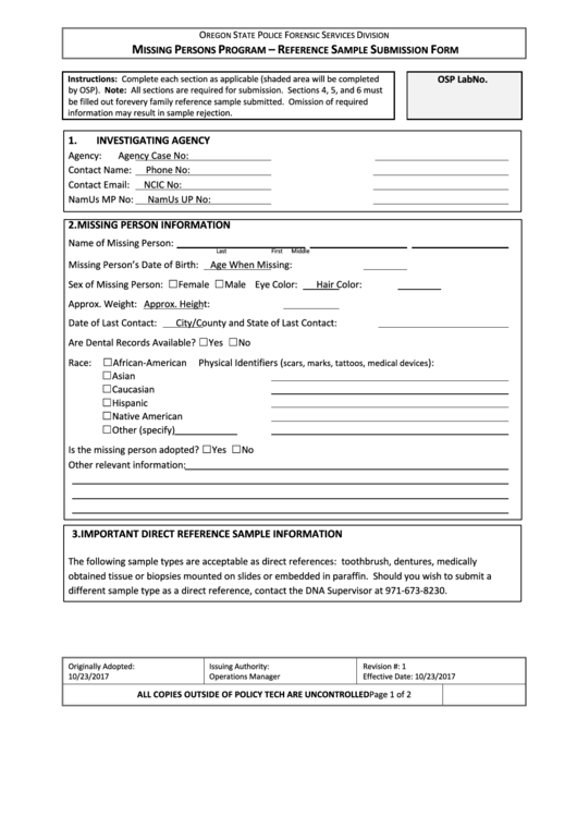 Fillable Reference Sample Submission Form - Missing Persons Program - Oregon State Police Forensic Services Division Printable pdf