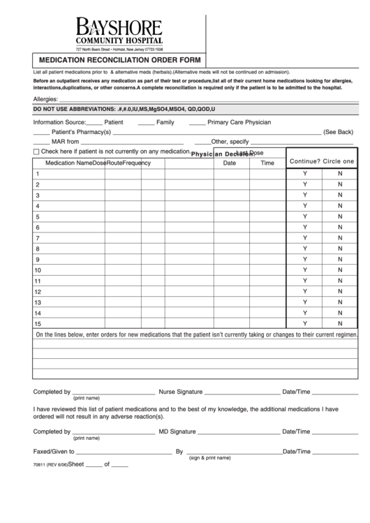 Form 70811 - Medication Reconciliation Order Form - 2006 Printable pdf