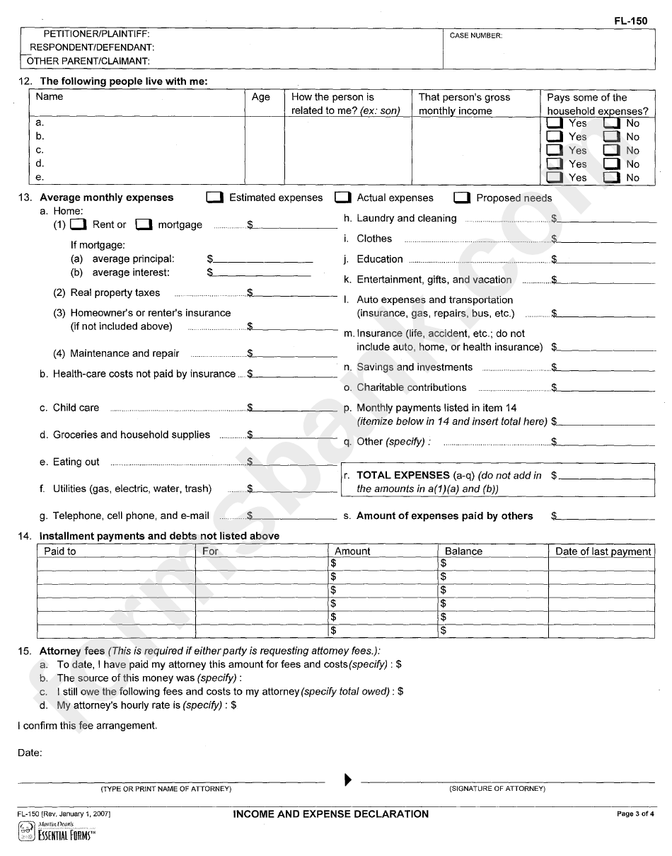 Form Fl-150 - Income And Expense Declaration