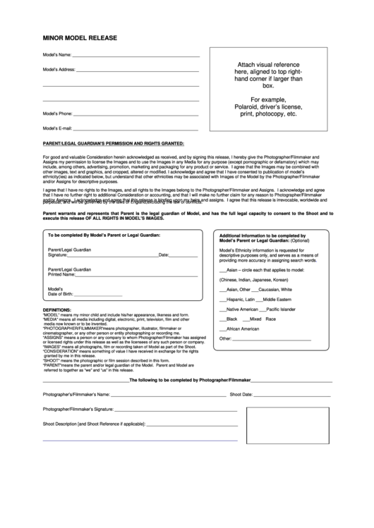 Minor Model Release Form Printable pdf