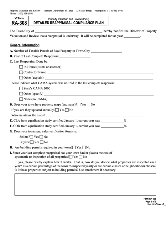 Fillable Form Ra-308 - Detailed Reappraisal Compliance Plan - Property Valuation And Review (Pvr) - Vermont Department Of Taxes Printable pdf