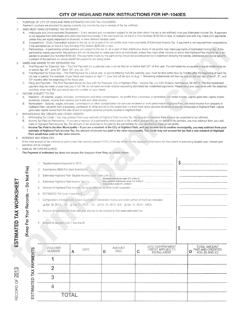 City Of Highland Park Instructions For Hp-12040es & Estimated Tax Worksheet - 2013