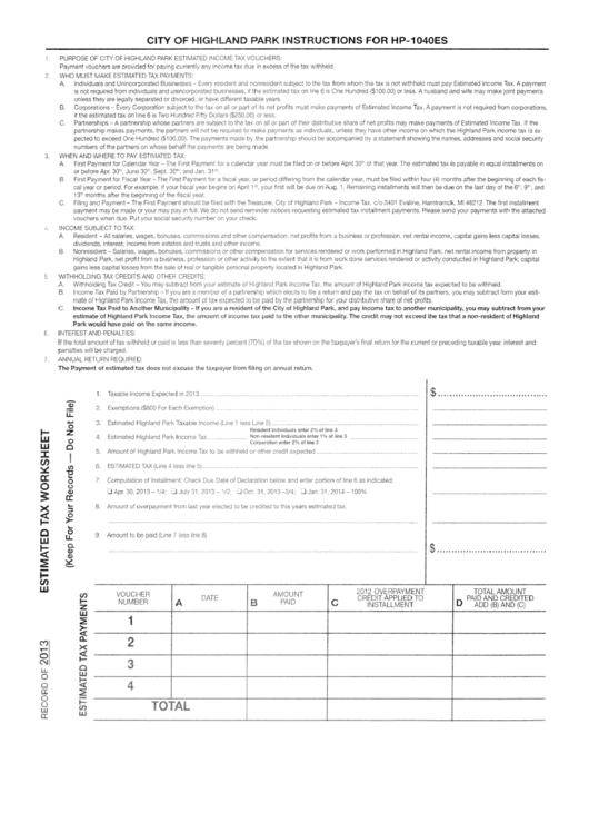 City Of Highland Park Instructions For Hp-12040es & Estimated Tax Worksheet - 2013 Printable pdf