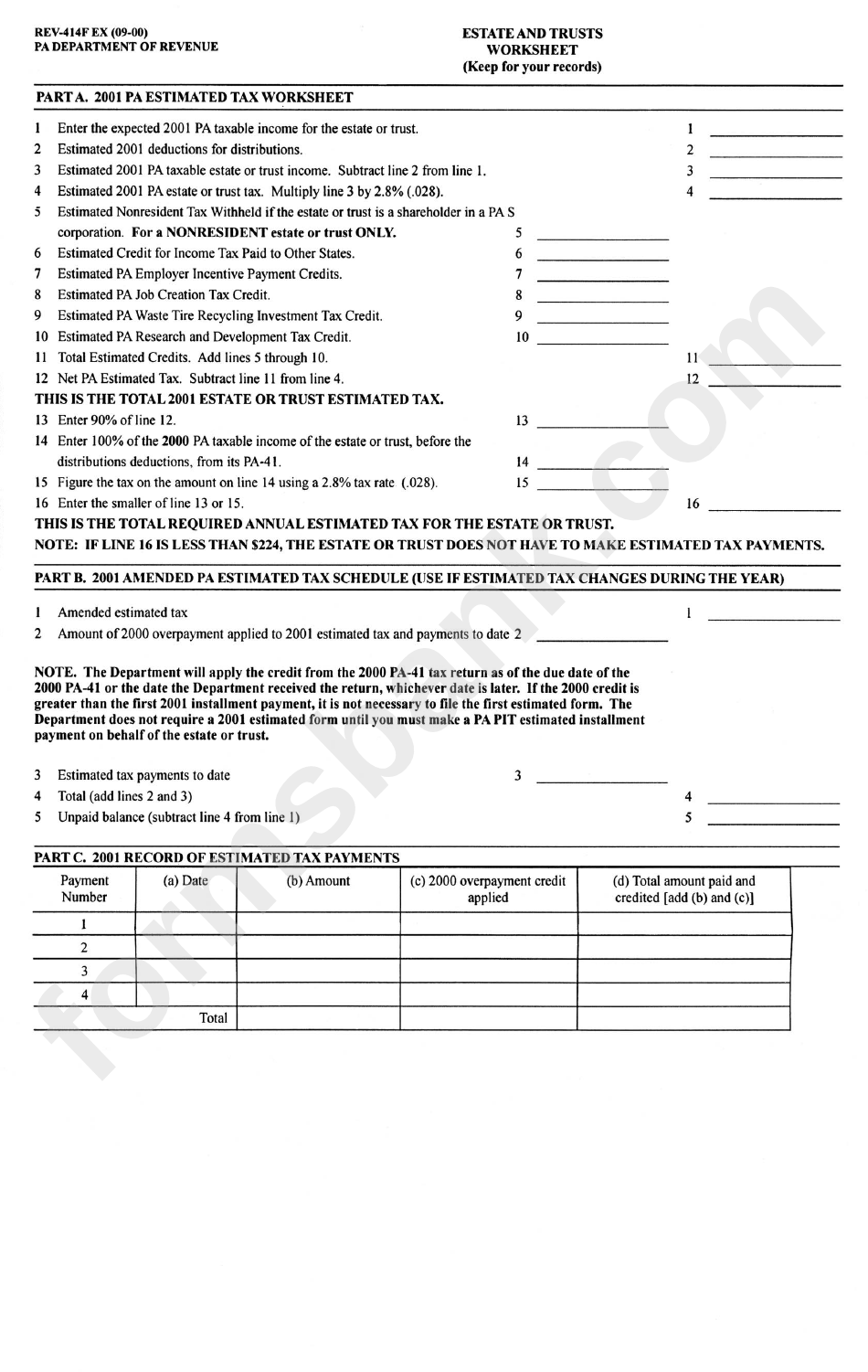 Form Rev-414f Ex - Estate And Trusts Worksheet - Pennsylvania Department Of Revenue