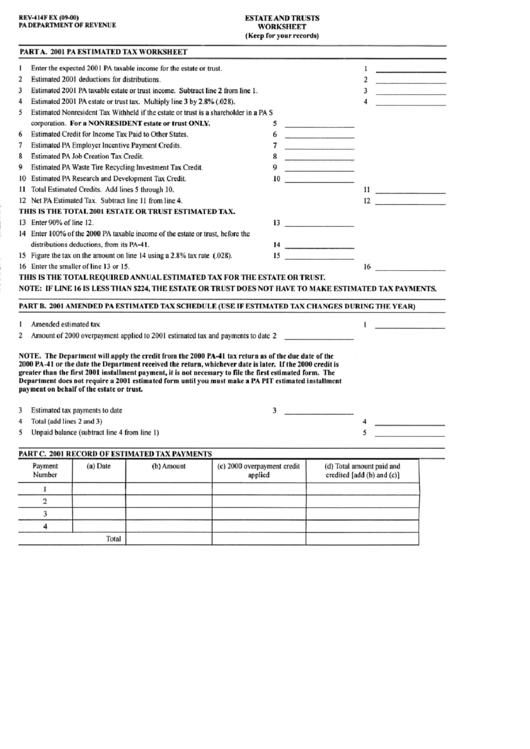 Form Rev-414f Ex - Estate And Trusts Worksheet - Pennsylvania Department Of Revenue Printable pdf