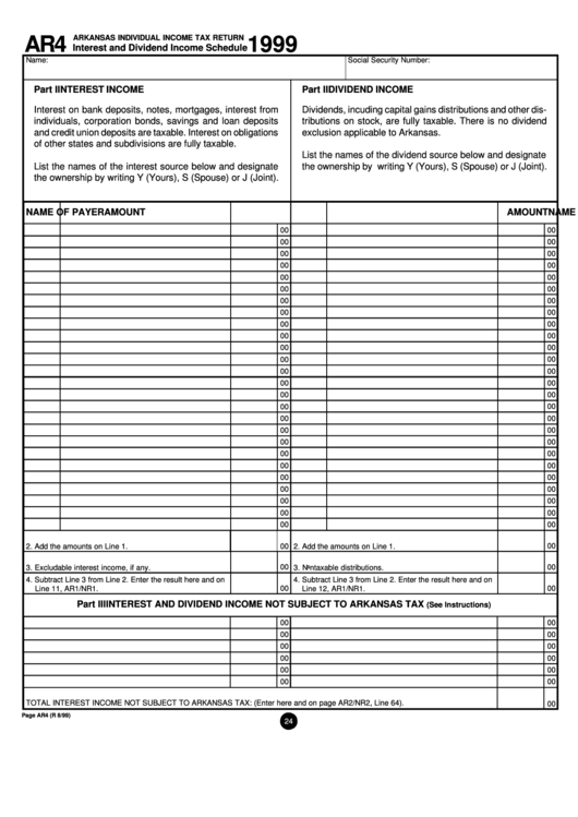 Form Ar4 - Arkansas Individual Income Tax Return Interest And Dividend Income Schedule - 1999 Printable pdf