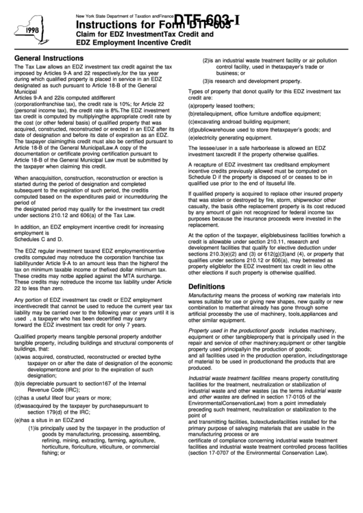 Form Dtf-603-I - Instructions For Form Dtf-603 - Claim For Edz Investment Tax Credit And Edz Employment Incentive Credit - 1998 Printable pdf