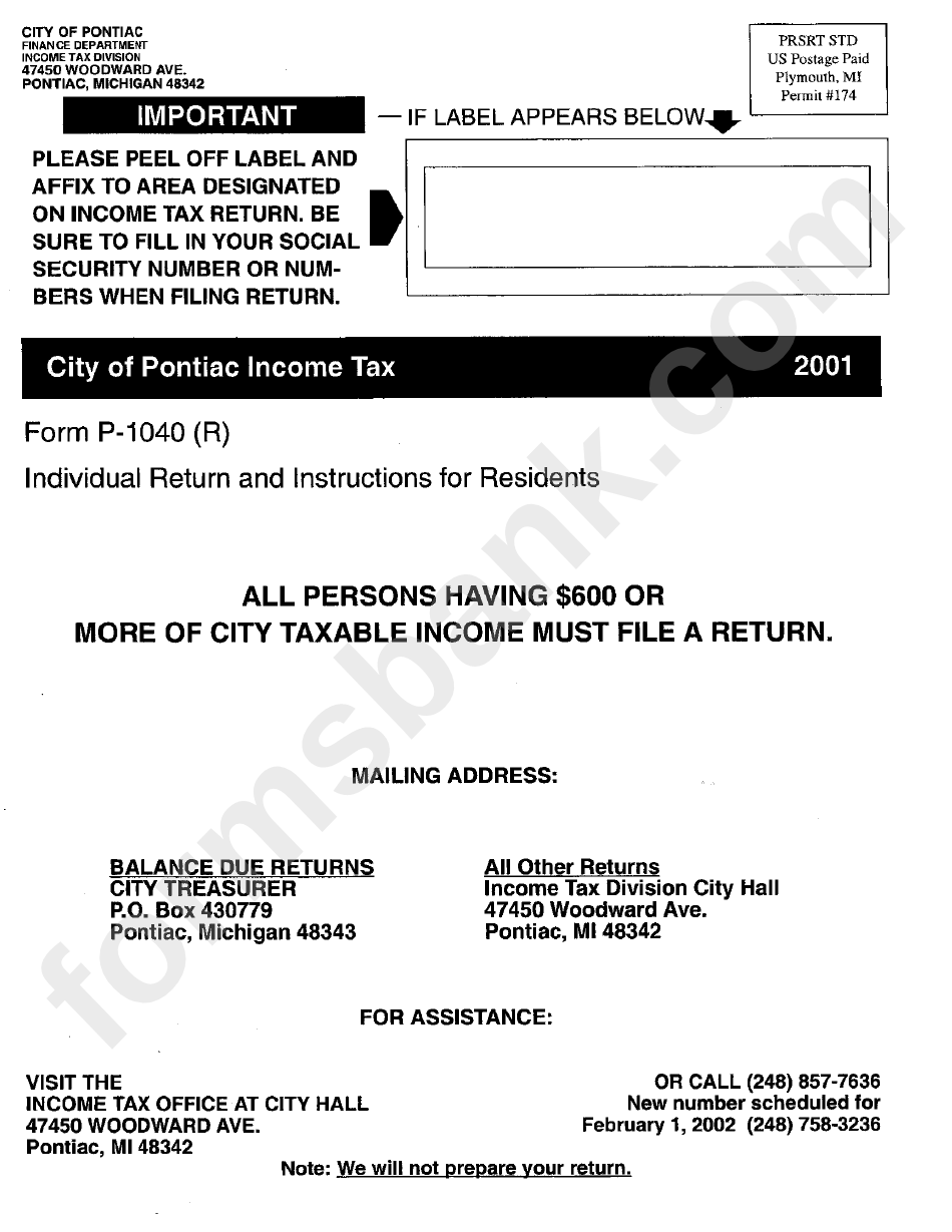 Instructions For Form P-1040(R) - City Of Pontiac Income Tax - 2001