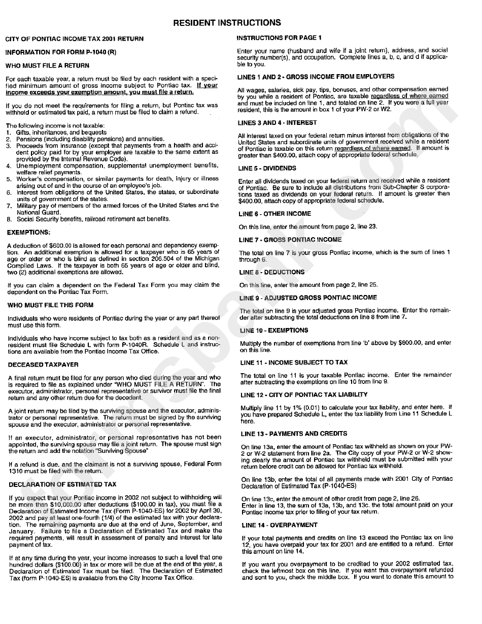 Instructions For Form P-1040(R) - City Of Pontiac Income Tax - 2001