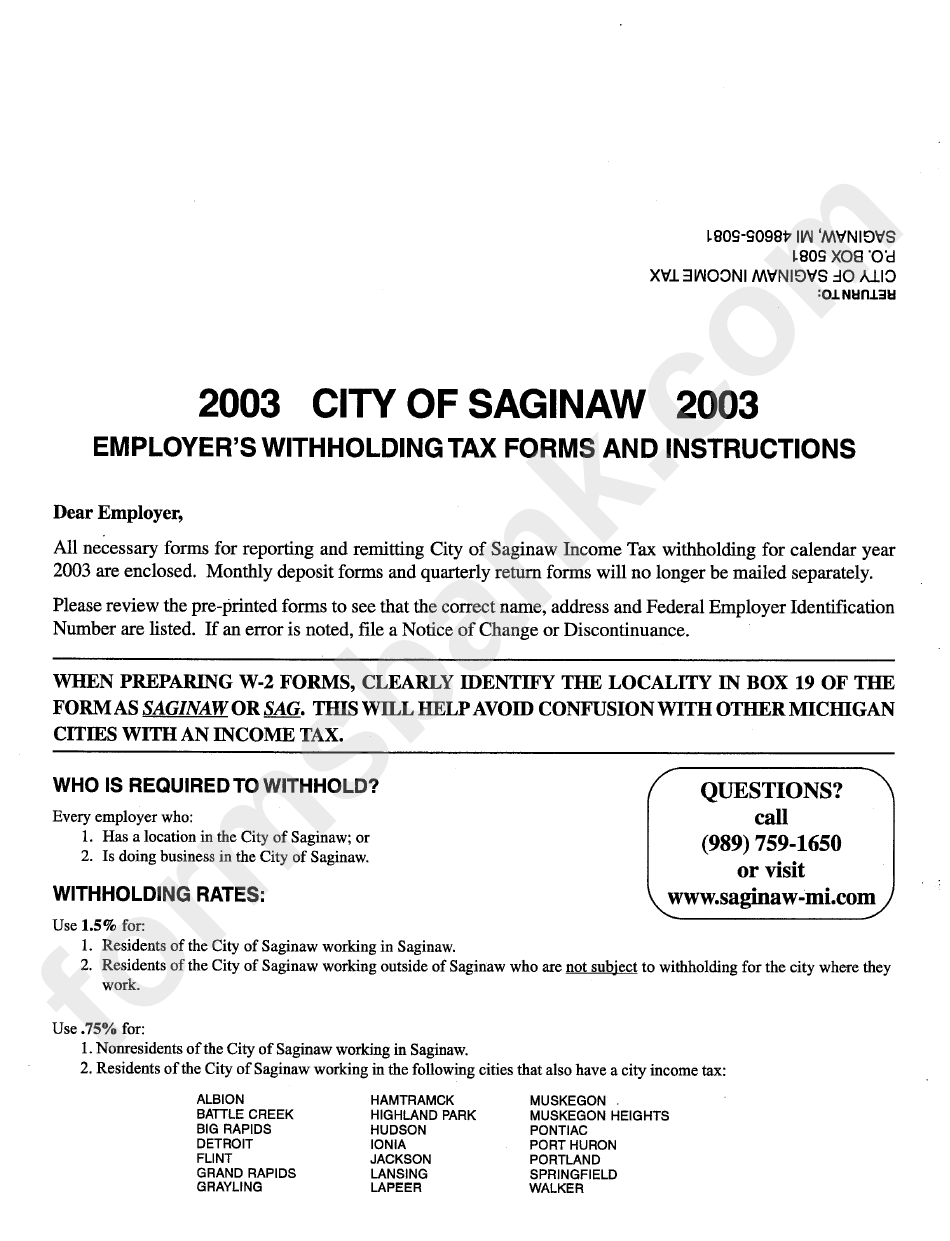 Instructions For City Of Saginaw Employer'S Withholding Tax 2003