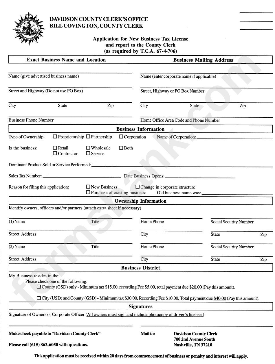 Application For New Business Tax License And Report To The County Clerk - Davidson County Clerk, Tennessee