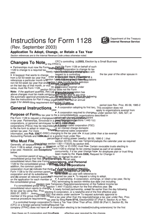 Instructions For Form 1128 - Application To Adopt, Change, Or Retain A Tax Year - 2003 Printable pdf