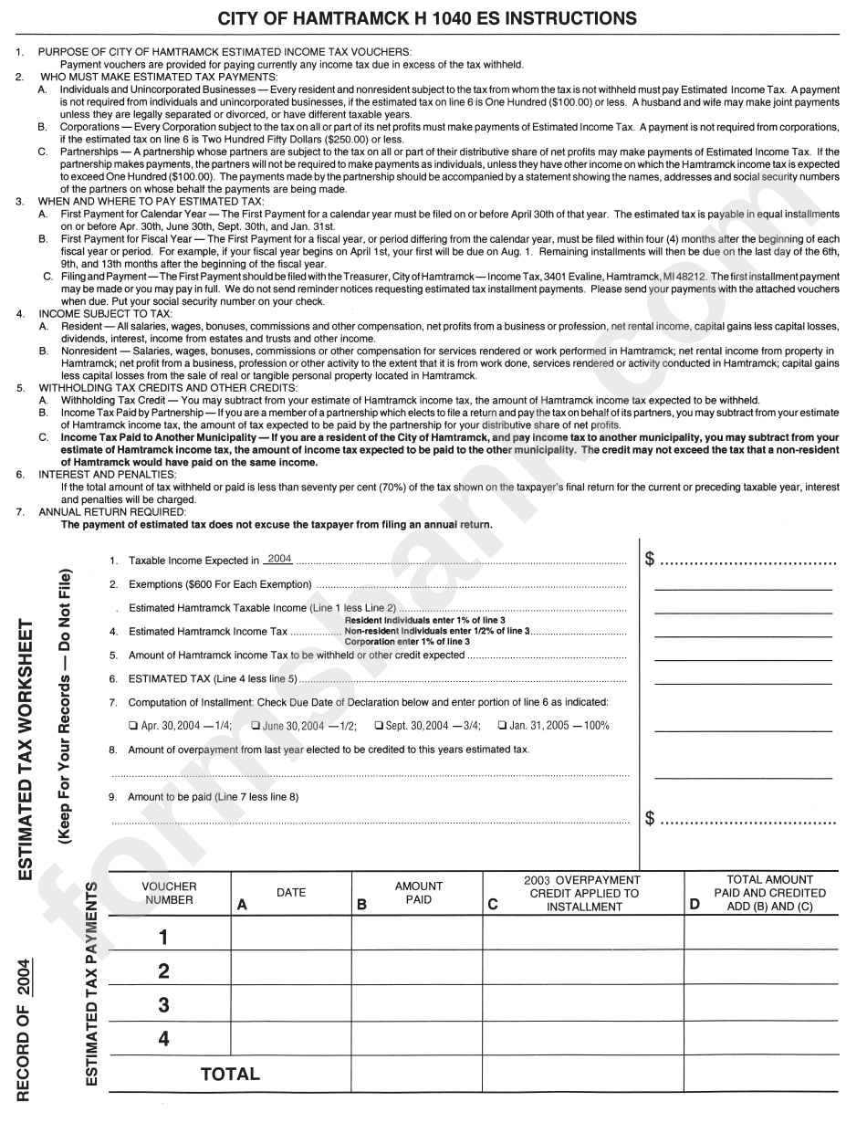Estimated Tax Worksheet City Of Hamtramck 2004 printable pdf download