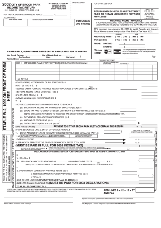Form Income Tax Return - City Of Brook Park - 2002 Printable pdf