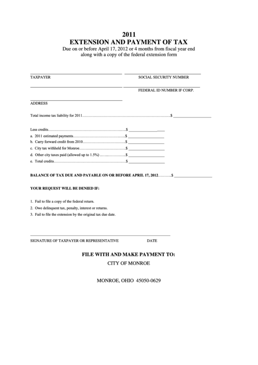 2011 Extension And Payment Of Tax - City Of Monroe Printable pdf
