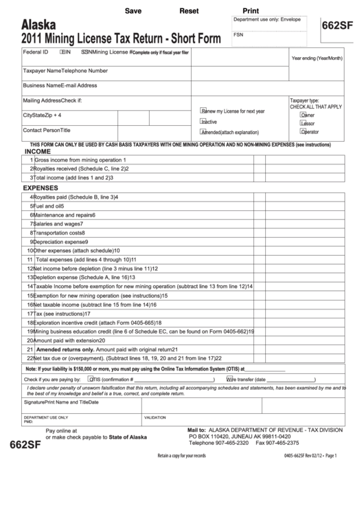 Fillable Form 662sf - 2011 Mining License Tax Return - Short Form Printable pdf