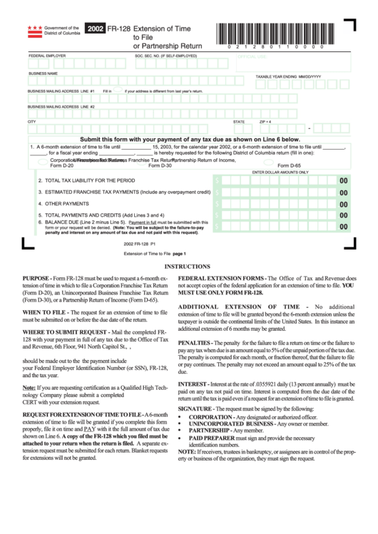 Form Fr-128 - Extension Of Time To File D.c. Franchise Or Partnership Return - 2002 Printable pdf