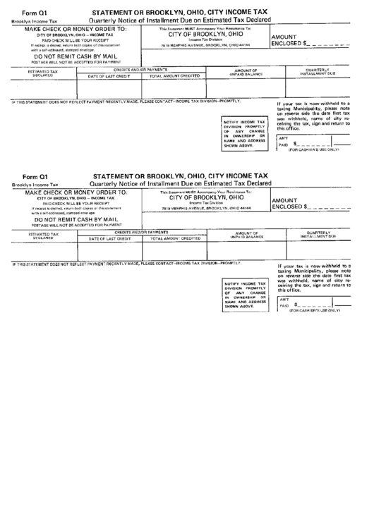 Form Q1 - Quarterly Notice Of Installment Due On Estimated Tax Declared Printable pdf