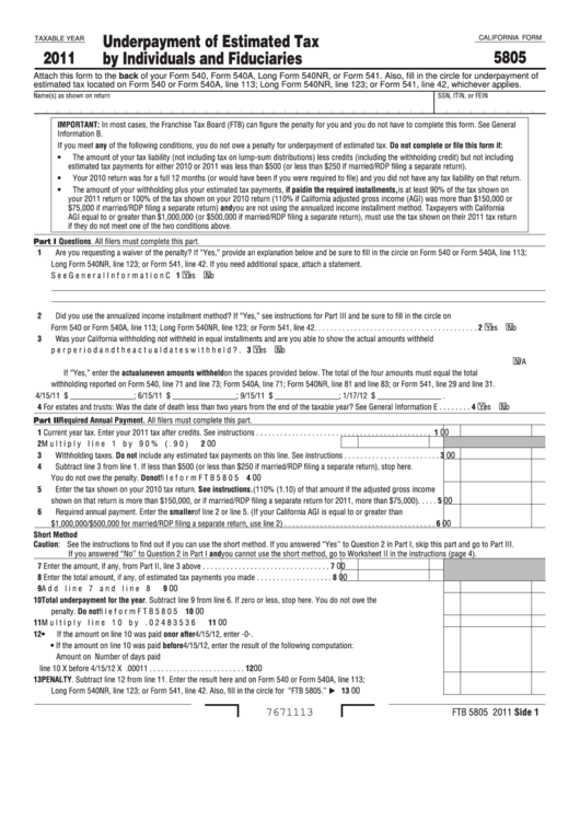 Fillable California Form 5805 - Underpayment Of Estimated Tax By Individuals And Fiduciaries - 2011 Printable pdf