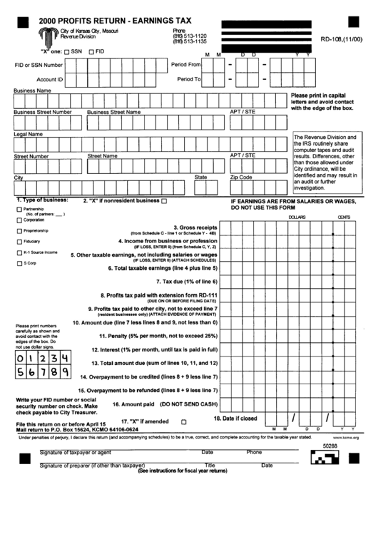 Form Rd-108 - Profits Return - Earnings Tax - 2000 Printable pdf